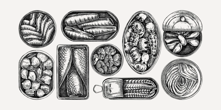 Hand-drawn canned fish and shellfish illustrations collection. Sardines, anchovy, mackerel, tuna, and mussels in tin cans sketches set in engraved style. Healthy food vector drawings in vintage style
